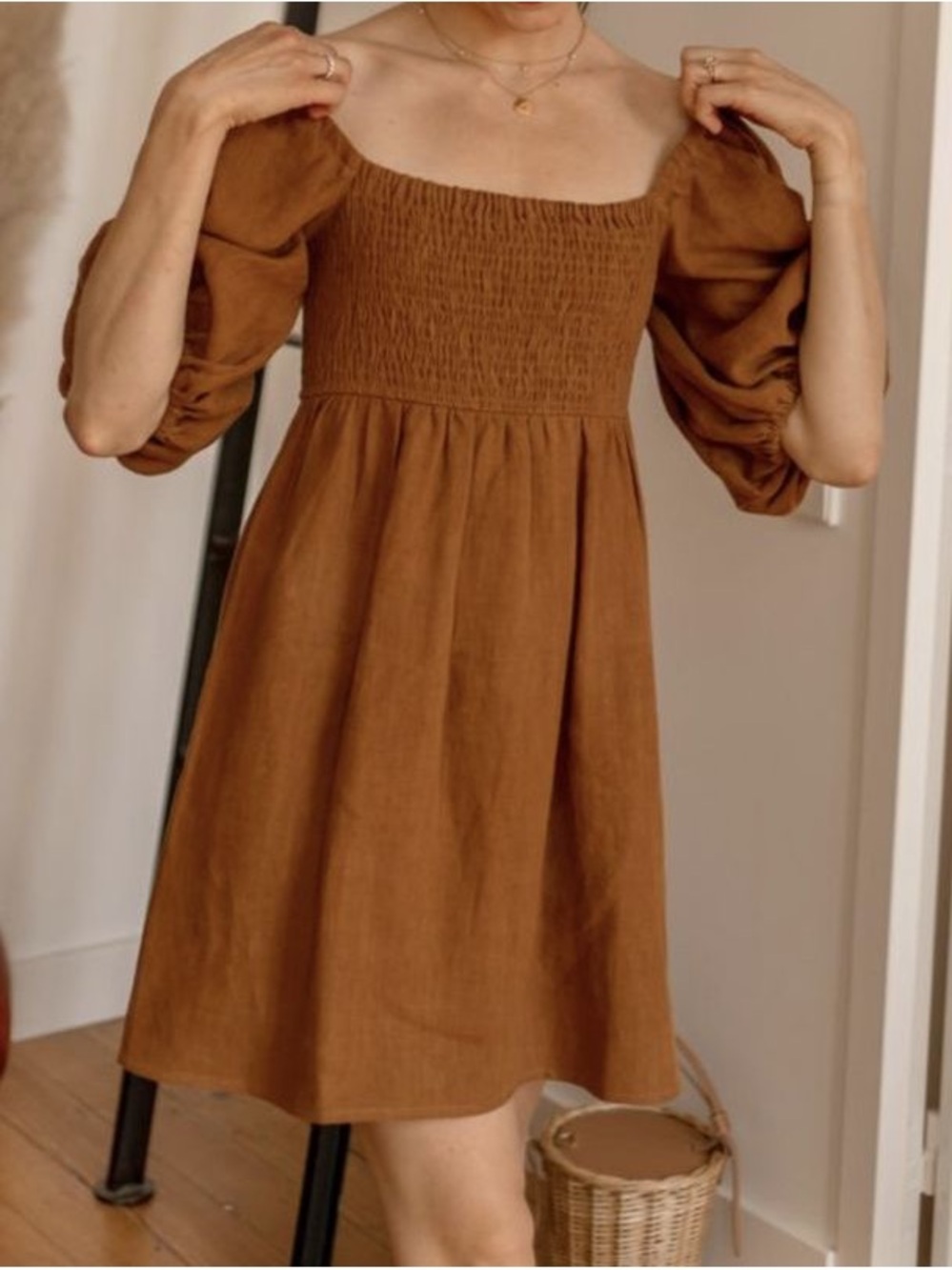 Sézane Carlie Dress Camel 100% Linen Puff Sleeve Mini FR 40 US 8